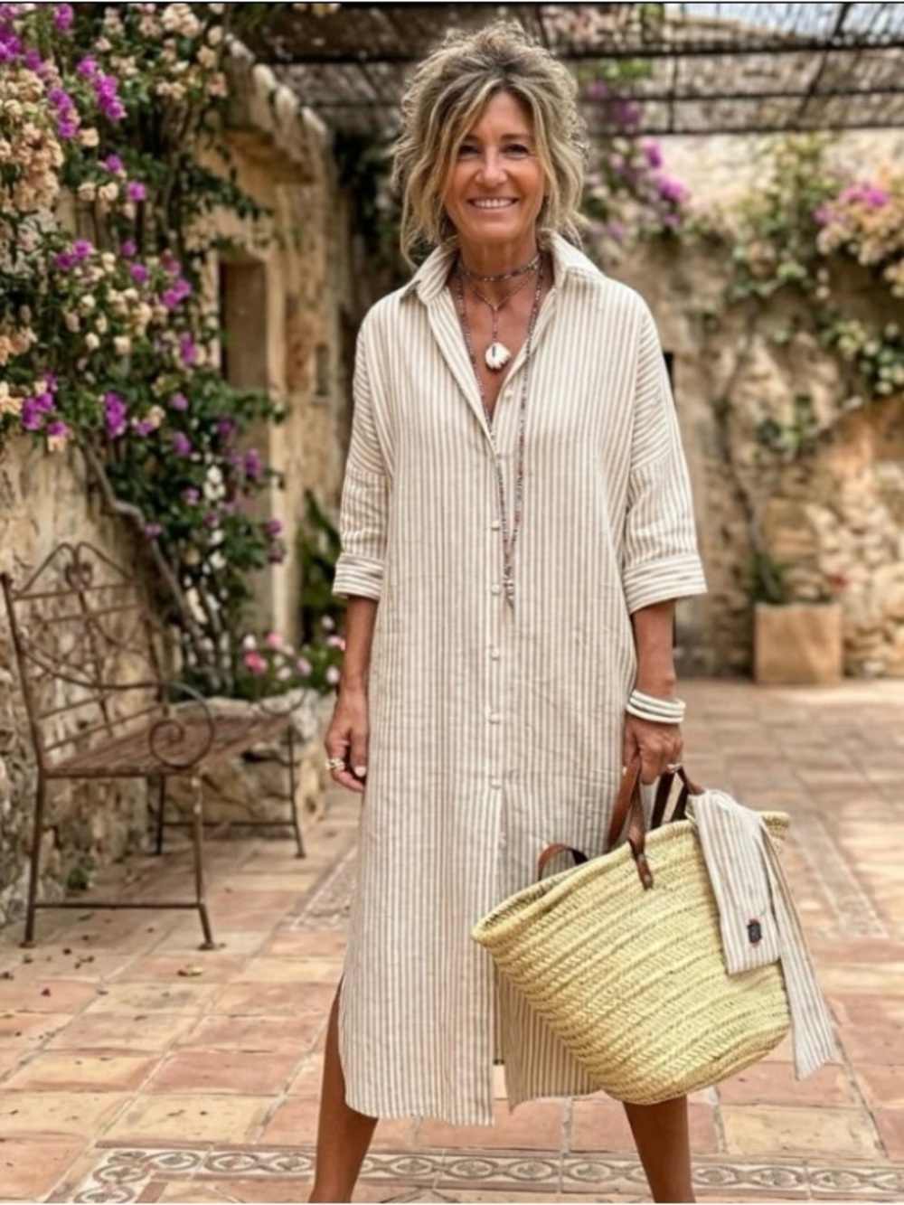 Khaki and White Striped Button-Down Long Shirt Dress with side slits